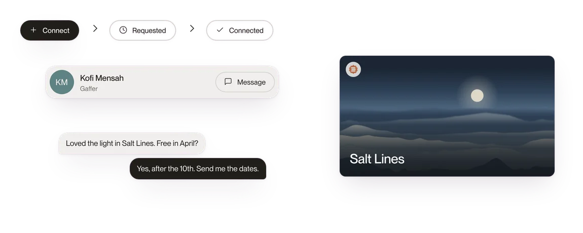 Connect, Requested and Connected buttons and a message thread between two connected filmmakers.