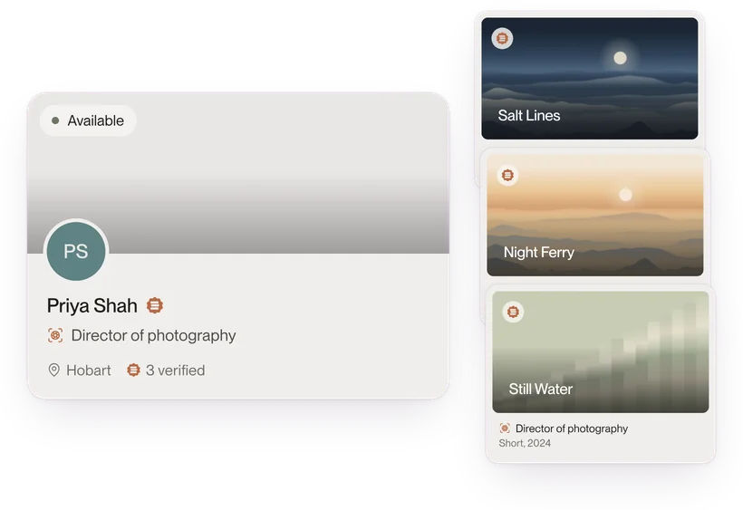 Priya Shah's profile card, open to work and with 3 verified credits, beside her credit cards for Salt Lines, Night Ferry and Tidewater.