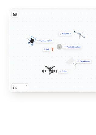 A diagram board maps the gaffer’s lights around the set.
