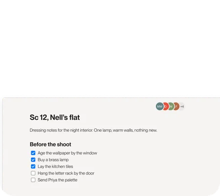 A shared document keeps scene notes and collaborators’ comments together.