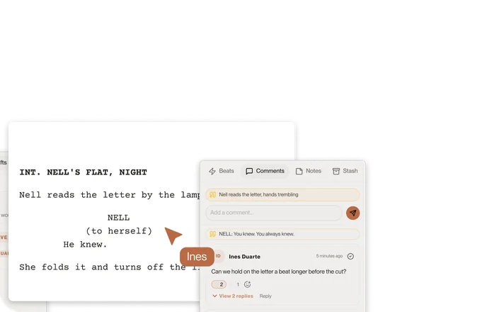 A script page sits alongside its contents and collaborators’ notes.