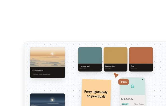A whiteboard gathers harbour references, colour swatches and scene notes.
